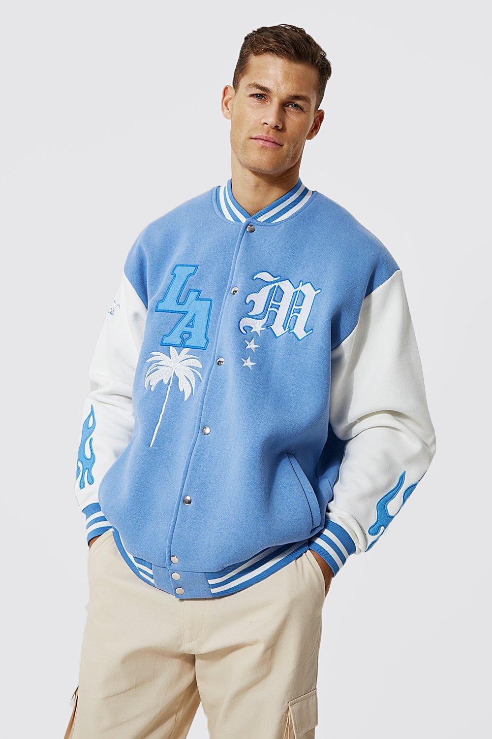 Tall La Badge Jersey Varsity Bomber Jacket | boohooMAN USA